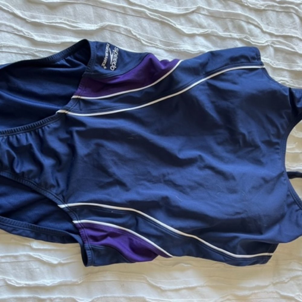 Blue and purple speedo swimsuit